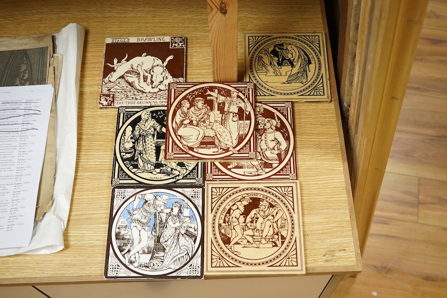 Seven Minton tiles to include ‘Stage 2 Brawling’ and ‘Edward the Martyr’, 15 x 15cm. Condition - fair/good